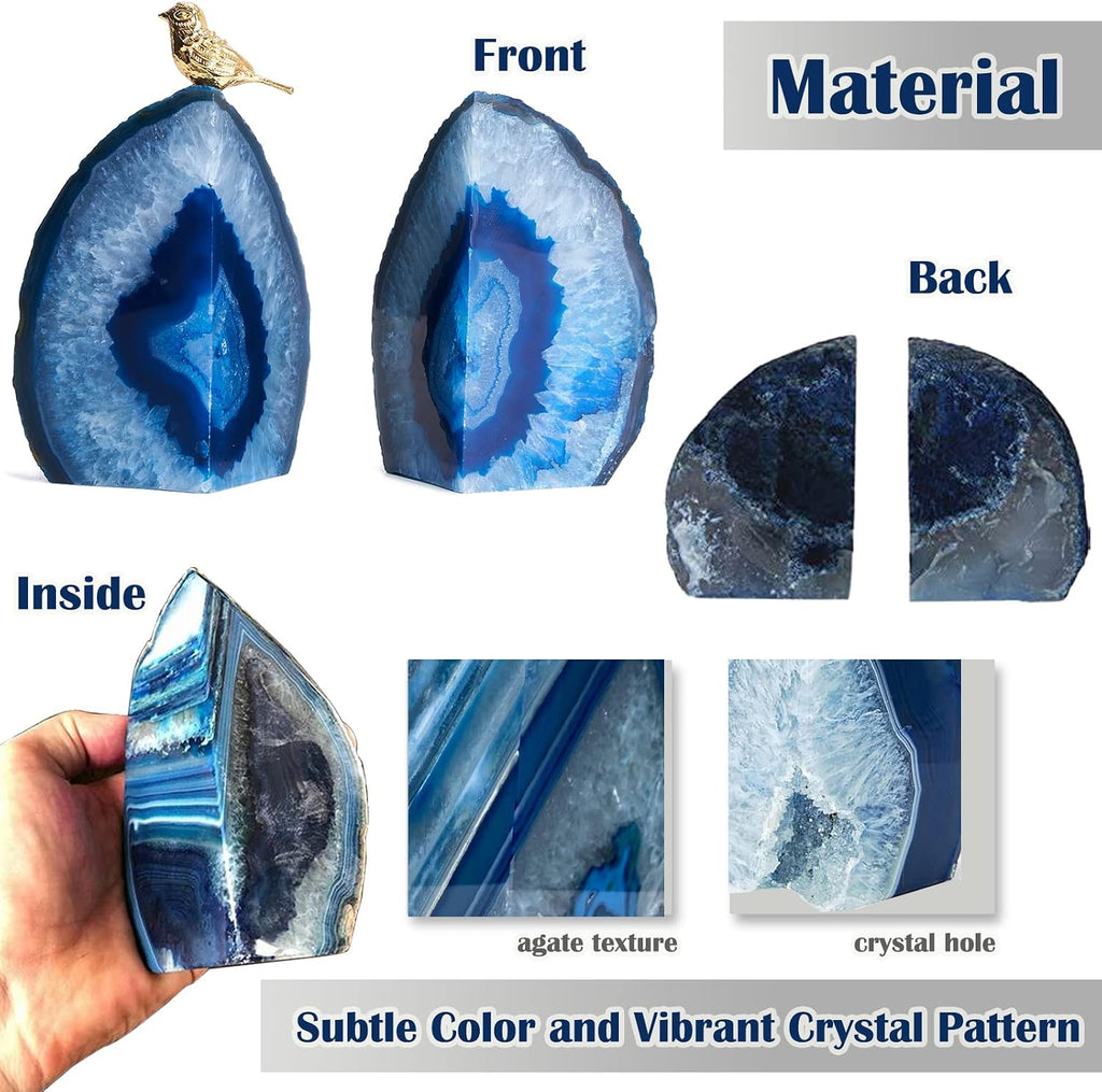 Blue Agate Bookends for Shelves, Geode Crystal Book Ends for Heavy Books, Stone Decor with Rubber Bumpers 1 Pair