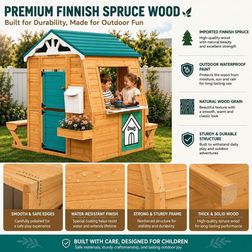 Wooden Outdoor Playhouse for Kids, Finnish Spruce Backyard Cottage with Kitchen Playset, Mailbox, Bench & Blackboard