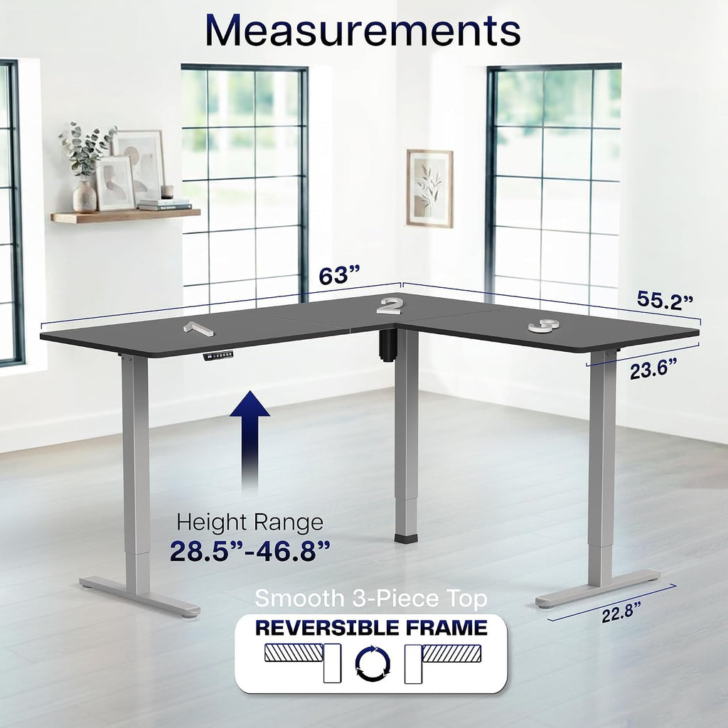 Black 63 x 55 in Corner Standing Desk, DESK-E3CTGB | Electric, Holds 225 lbs, Reversible L-Shaped Table, Sit Stand