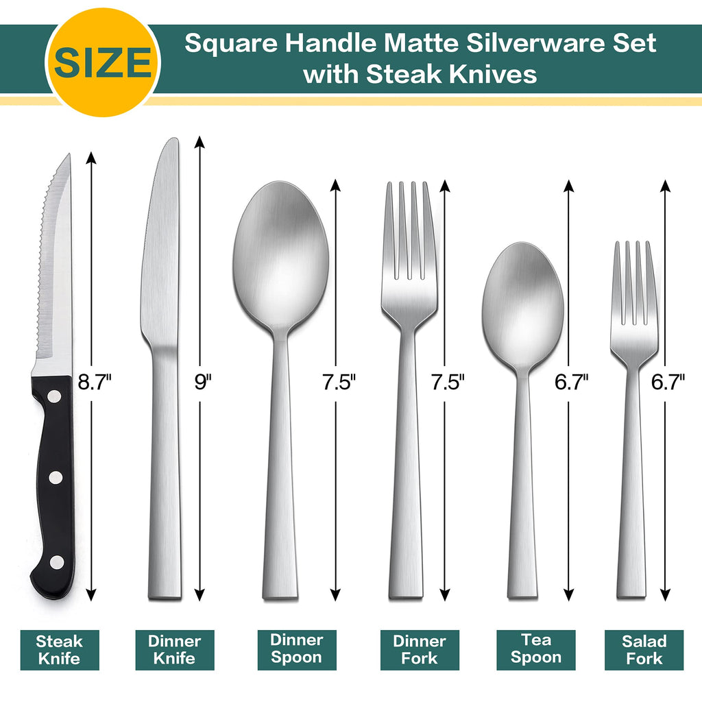 72-Piece Matte Silverware Set with Steak Knives, Stainless Steel Flatware Cutlery Set for 12, Square Eating Utensils