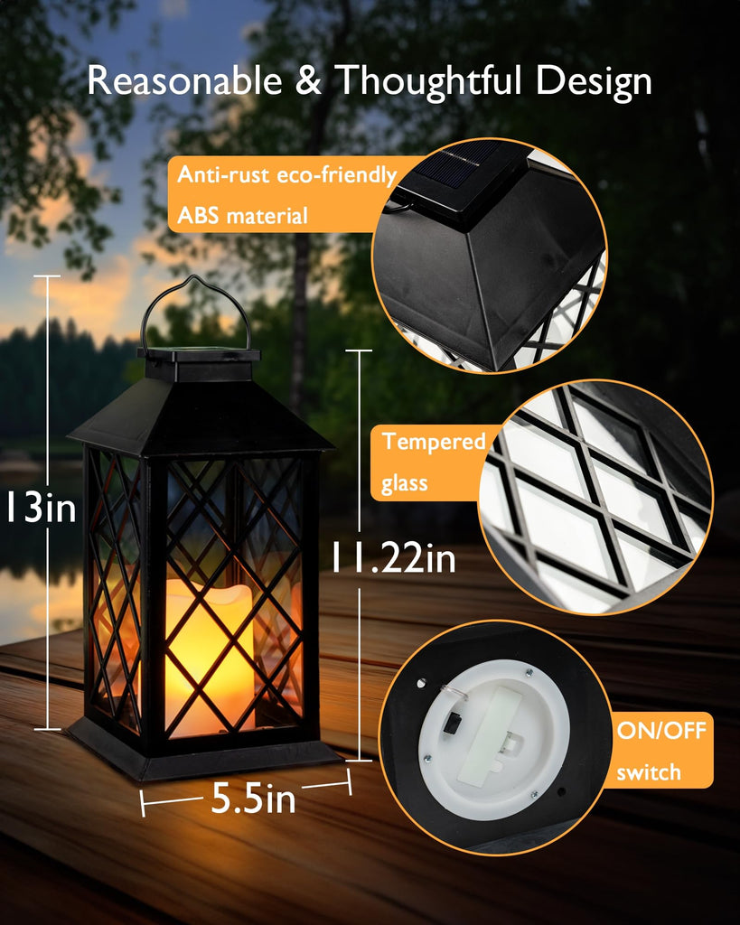 2 Pack 13'' Black Solar Lanterns Outdoor Waterproof Hanging