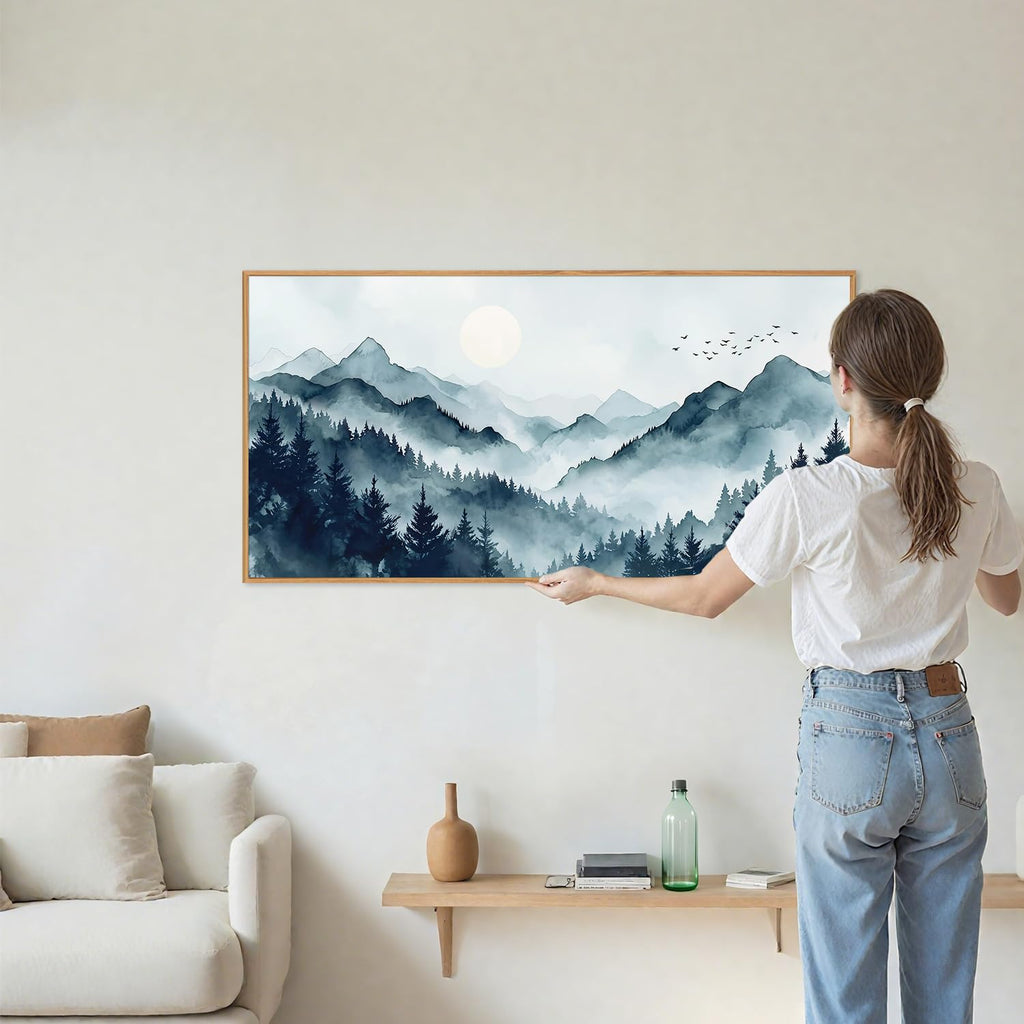 Large Foggy Mountain Framed Canvas Wall Art, Misty Forest Scenery Wall Decor, Minimalist Watercolor Landscape