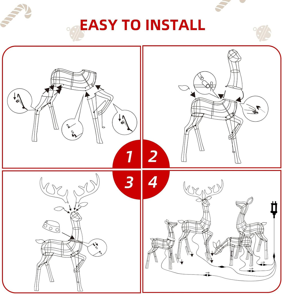 Christmas Decorations Outdoor Reindeer Family - 4-Piece 3D Lighted Deer Set with 245 LED Lights, Yard Christmas Decor