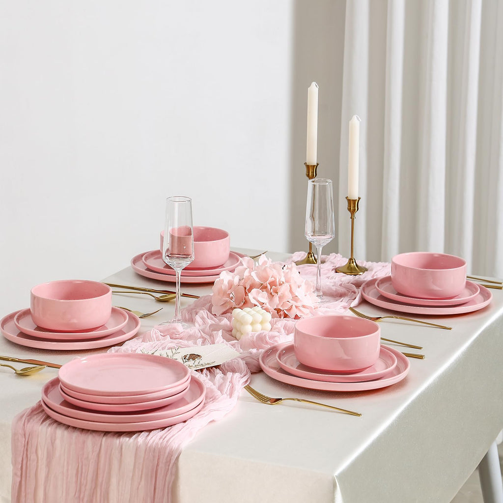 12 Pcs Stoneware Plates and Bowls, Dinnerware Sets for 4, Blush Pink