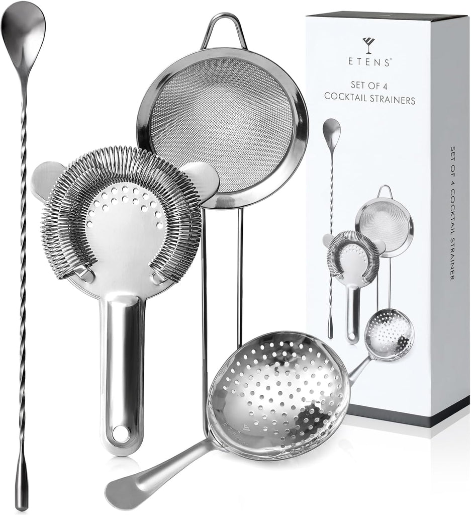 Cocktail Strainer Set - Bar tools Stainless Steel Includes Hawthorne Strainer, Julep & Fine Mesh Cocktail Strainers - Set of 4