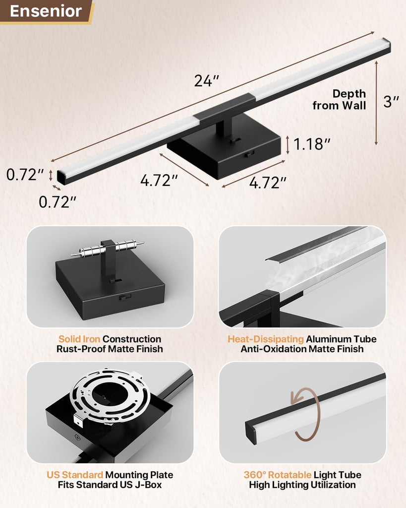 Modern Bathroom Vanity Light 24 inch, Built-in Dimmer, 14W Dimmable 5CCT Led Bath Lights, Black Bar Vanity Light