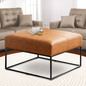 Modern Square Coffee Table, Farmhouse Ottoman, Large Vintage Leather Coffee Tables with Faux Leather Upholstered