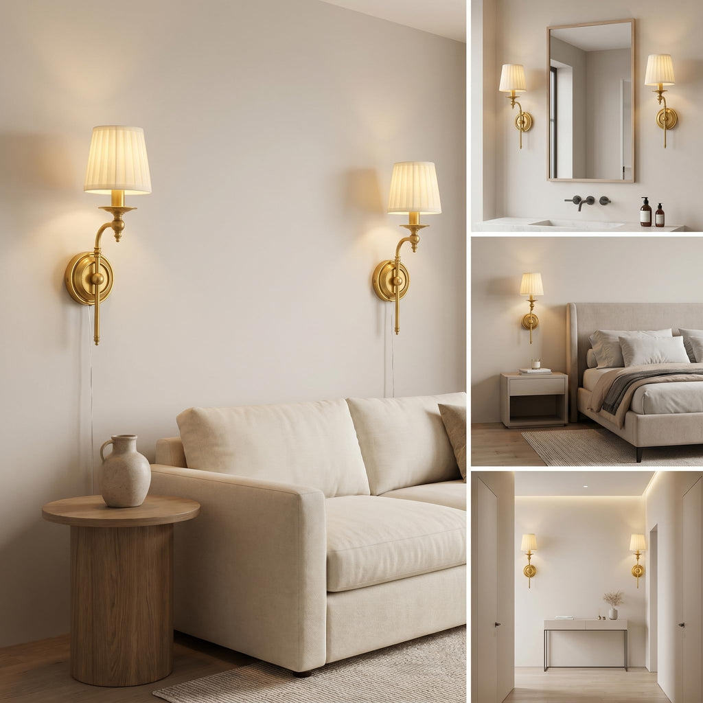 Plug in Long Wall Lamp,Plug-in or Hardwired Installation Wall Sconce with Beige Fabric Shade for Wall Painting,Modern