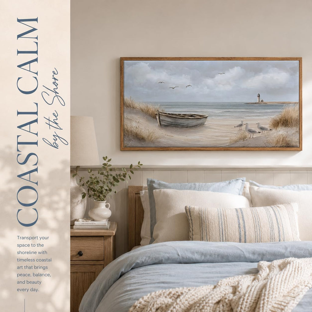 Framed Beach Coastal Lighthouse Canvas Wall Art 16X32 Inch