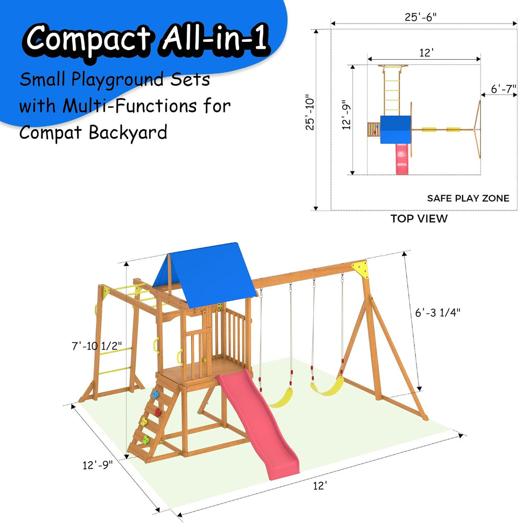Wooden Swing Sets for Backyard | Outdoor Playground Set with Monkey Bars, Wave Slide, 2 Belt Swings, Climbing Ladder