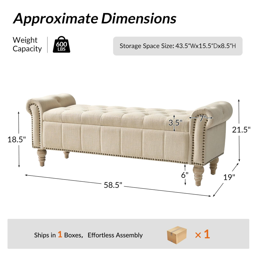 58.5" Long Storage Bench with Rolled Arms & Button Tufted Seat, Upholstered End of Bed Bedroom Benches with Nailhead
