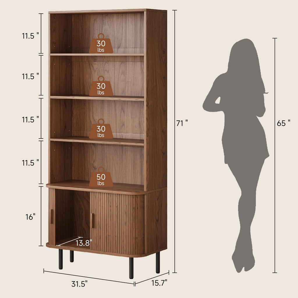 71" Tall Bookshelf with Cabinet, 5 Tier Fluted Bookcase Walnut