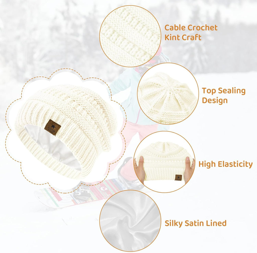 Satin Lined Baby Beanie 3 Pack Winter Knit Hat Infant Toddler