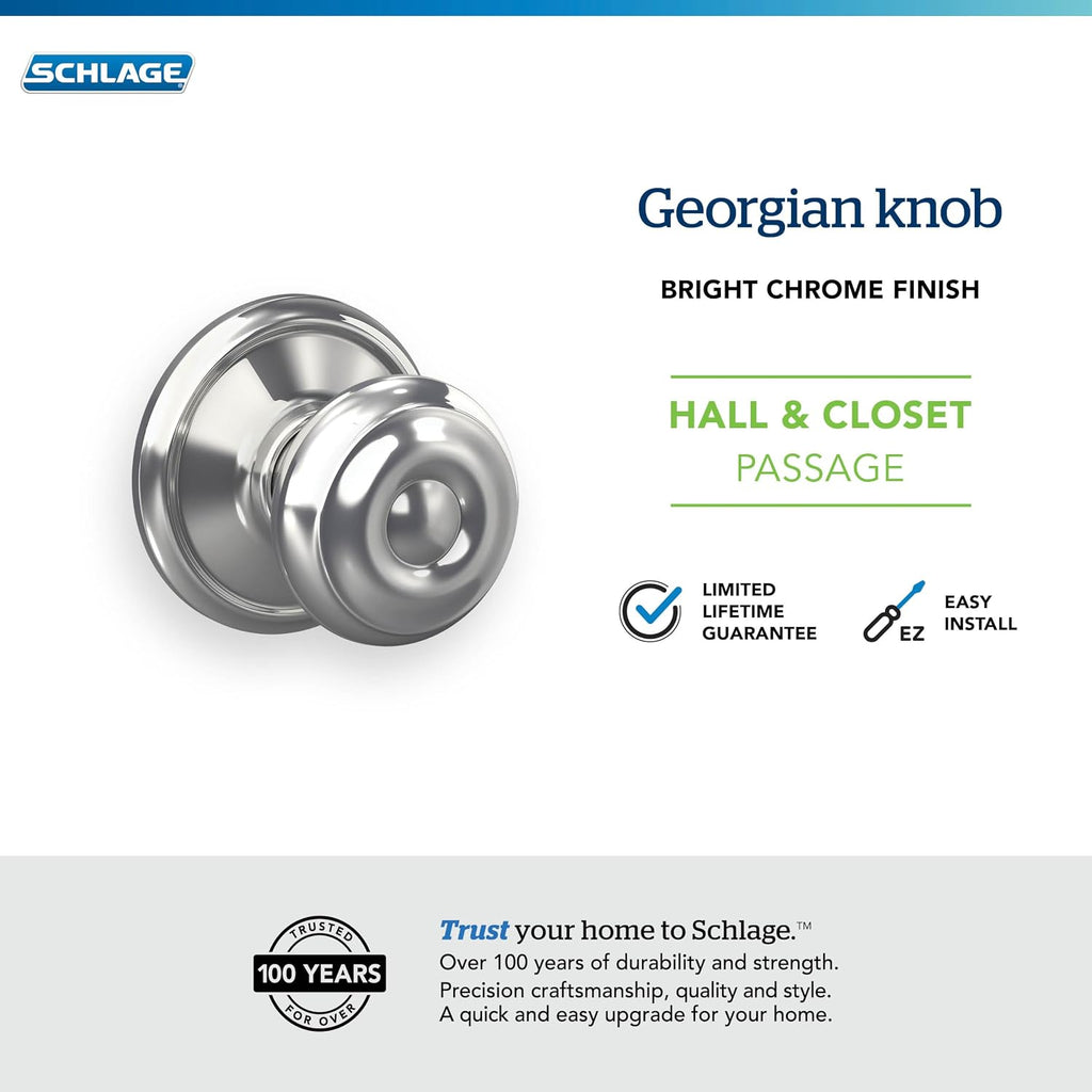 Georgian Hall/Closet Passage Door Knob, Bright Chrome