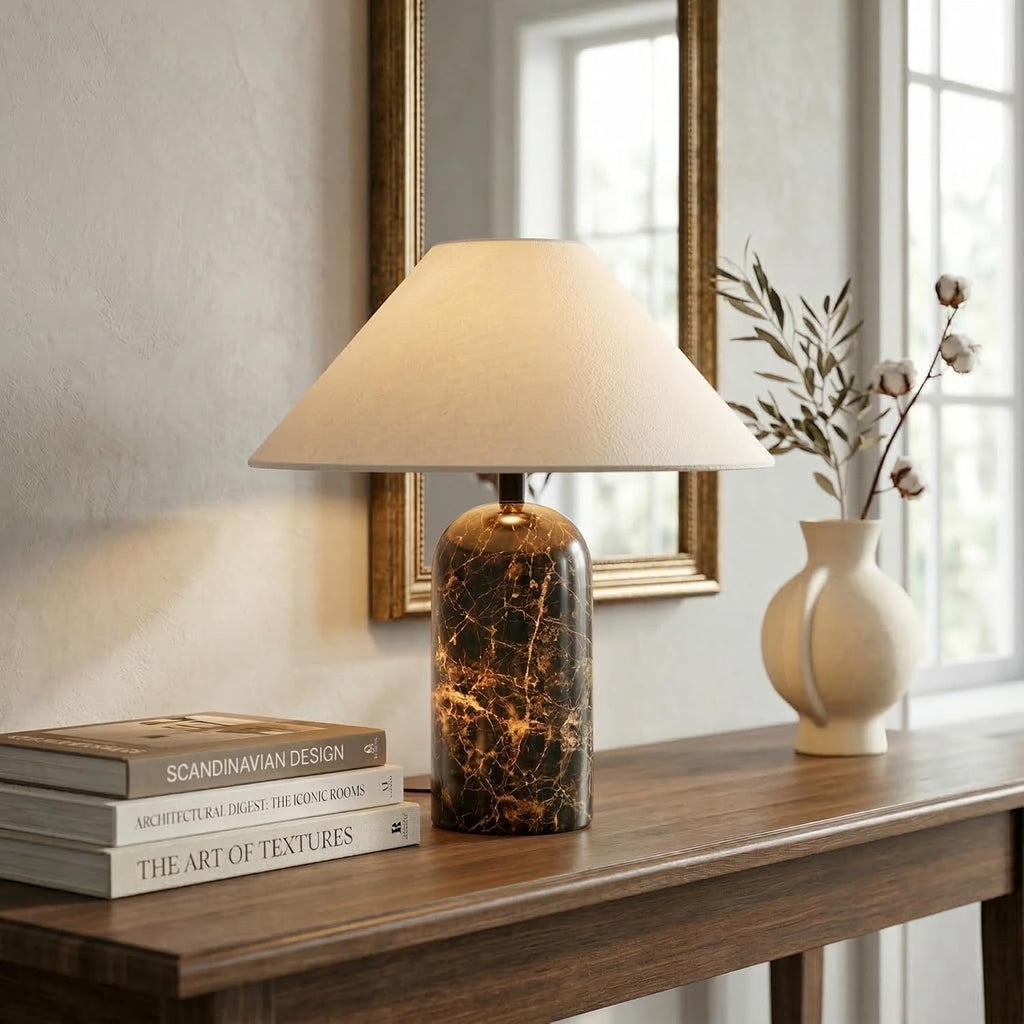 LED Table Lamp - 14” Modern Stone Table Lamp - Decorative Dimmable Desk Lamp - Brown Marble