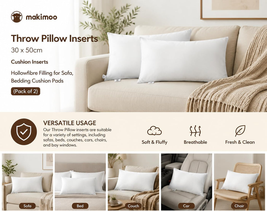 Throw Pillow Inserts 30 x 50cm (12" x 20"), Cushion Inserts, Hollowfibre Filling for Sofa, Bedding Cushion Pads (Pack - Set of 2