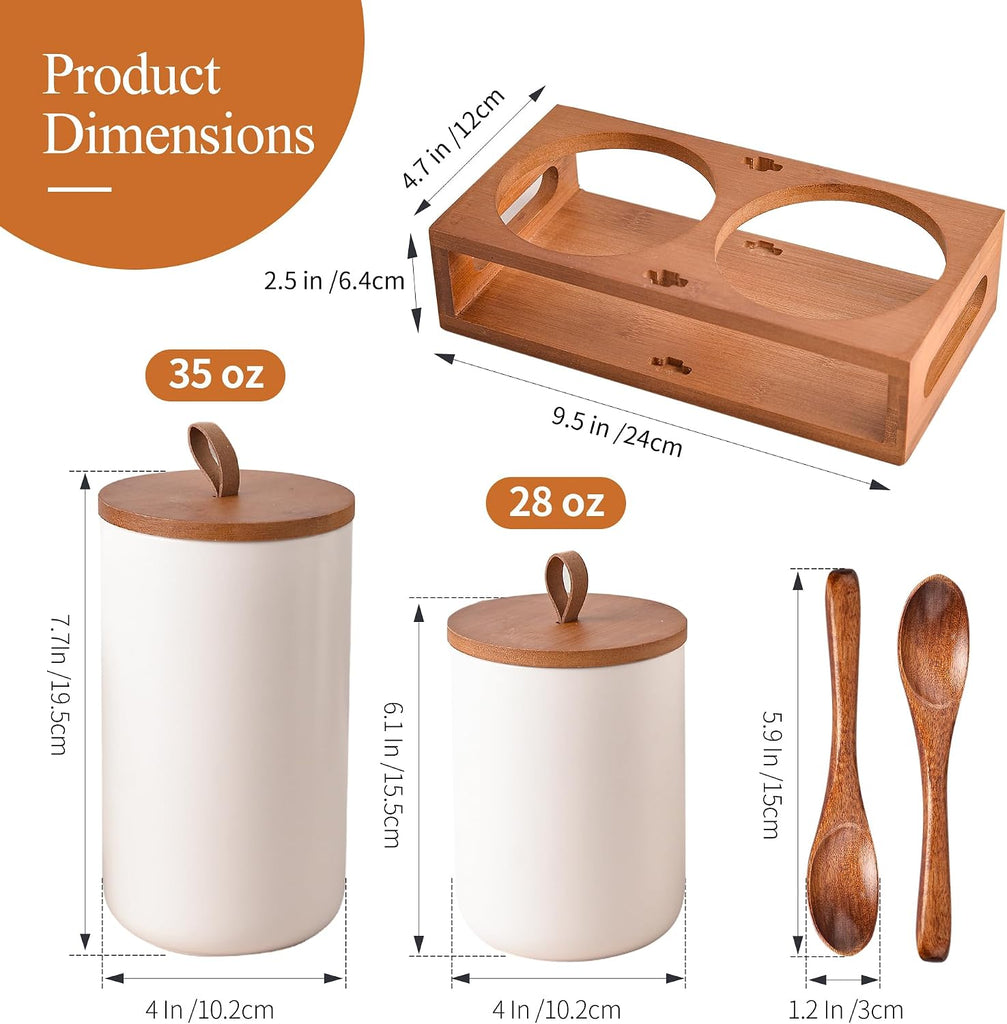 White Ceramic Canister with Bamboo Lids, Wooden Stand & Spoons - 35oz & 28oz Airtight Food Storage Jars - Set of 2