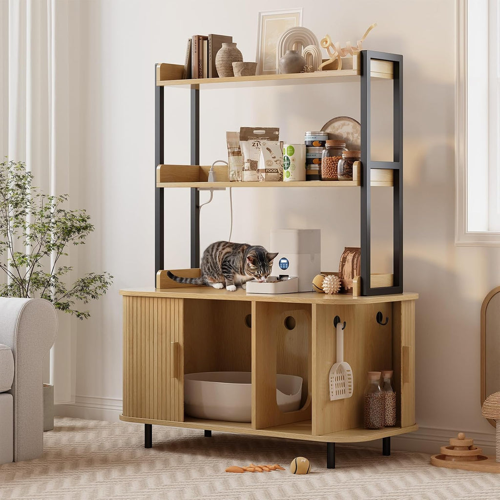 54 Inch Hidden Litter Box Furniture with Shelves and Outlets, Oak