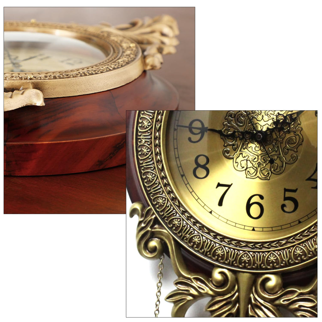 Brown Vintage Pendulum Wall Clock, Solid Wood Hanging Clock, Silent Non Ticking Quartz Movement, Analog Watch Kitchen