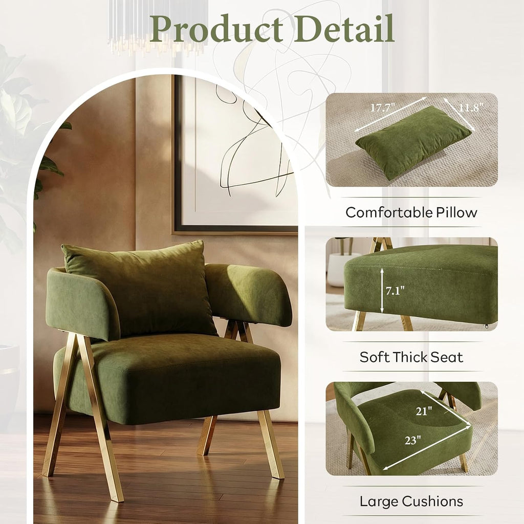 Modern Green Accent Chairs Set of 2, Velvet Barrel Accent Chair Bedroom, Comfy Reading Armchairs (2, Green)