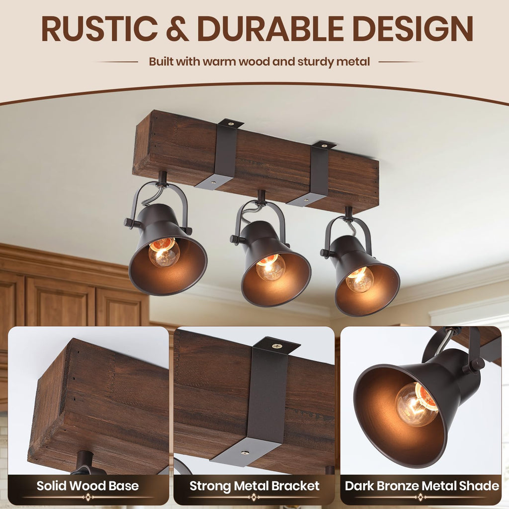Rustic Kitchen Lights Ceiling, 3 Light Semi Flush Mount Ceiling Light, Farmhouse Wooden Track Lighting Fixtures