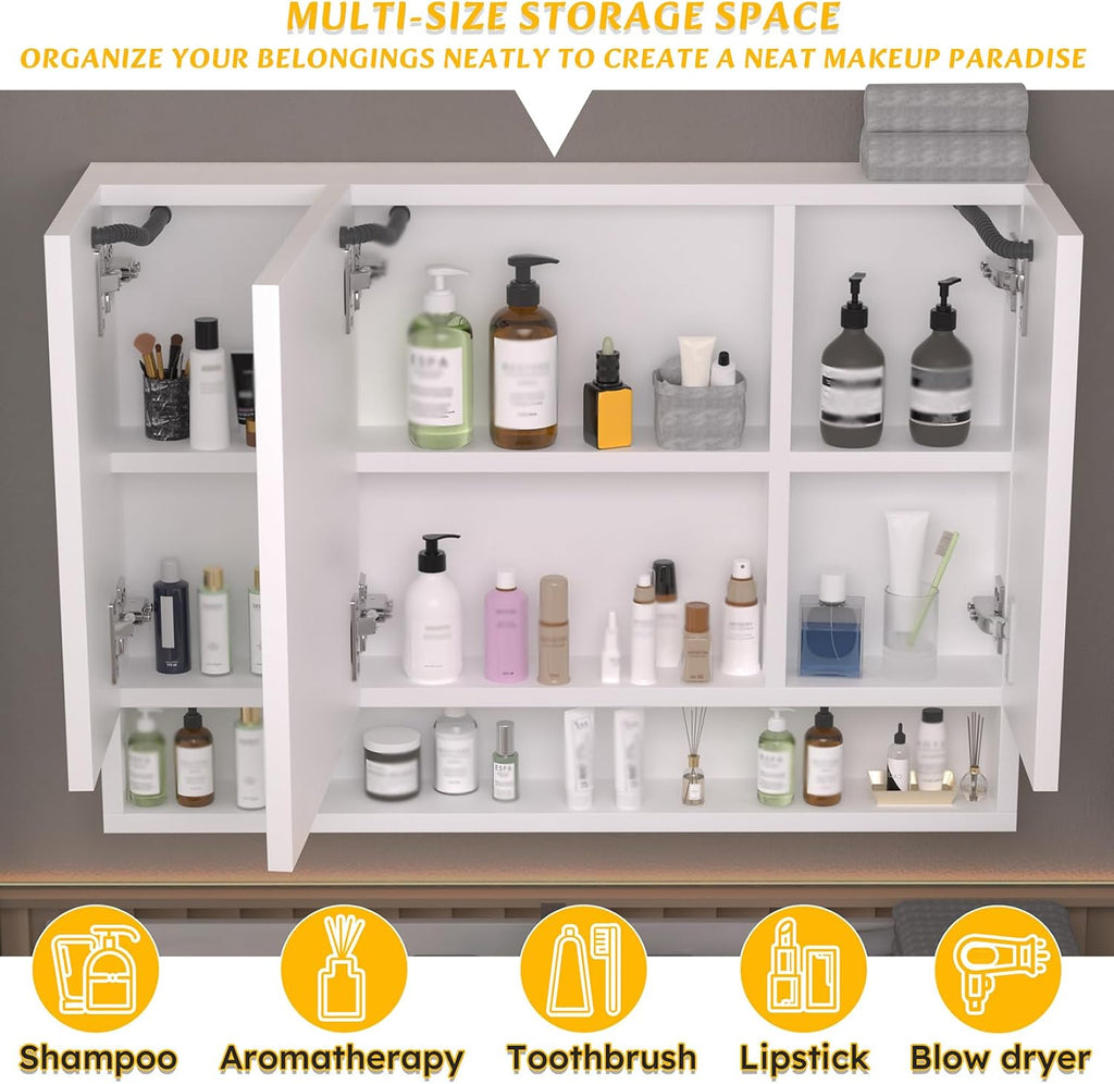 LED Medicine Cabinet with Mirror, 3-Color Dimmable Lighting & Anti-Fog, 2-Tier Hidden Storage + Open Shelf, Aluminum