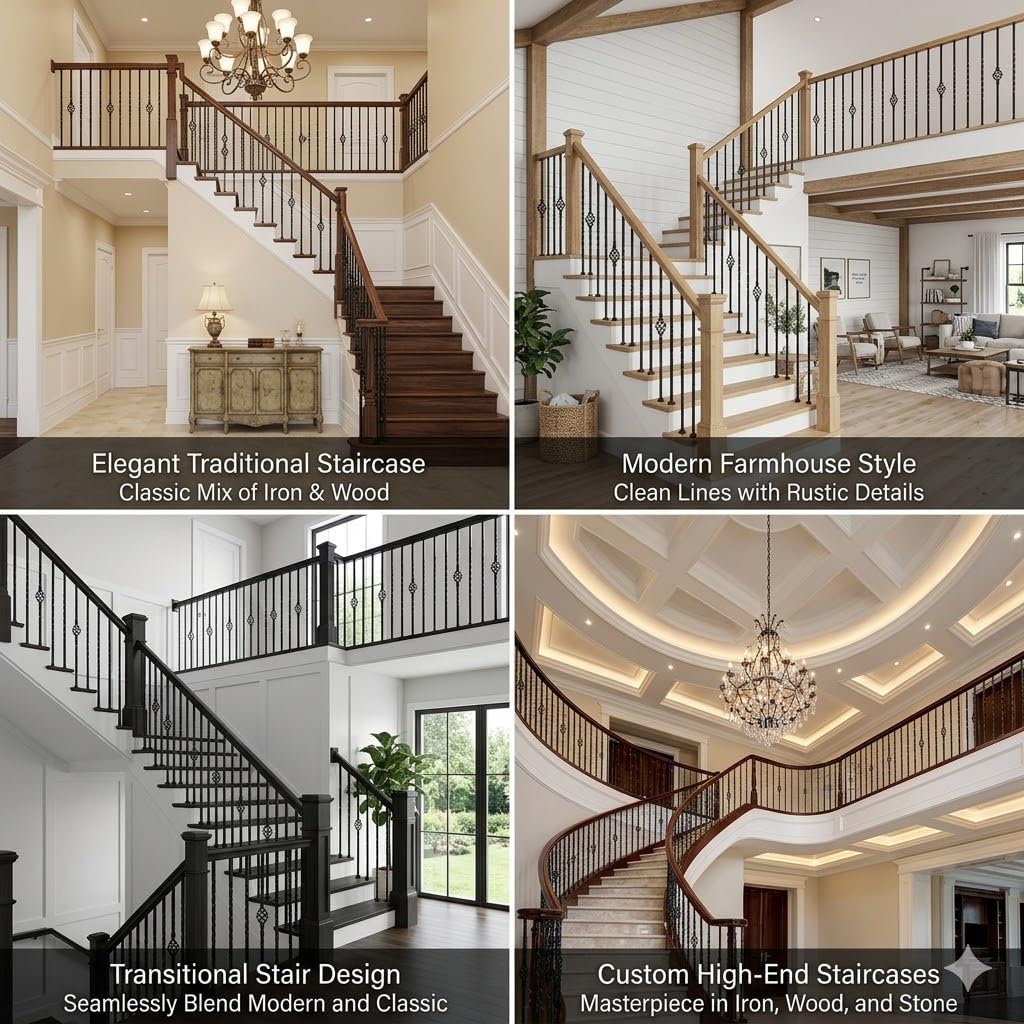 16-Pack Iron Balusters for Stairs, 1/2"x44" Hollow Double Twist and Single Basket Metal Stair Spindles, Satin Black
