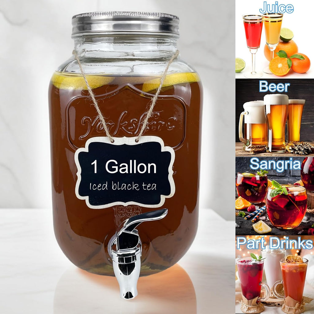 1 Gallon Glass Drink Dispenser for Parties, 2 Packs Juice Lemonade Ice Tea Water Dispenser with Stand, Beverage