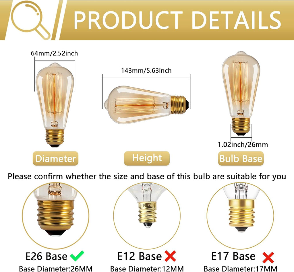 ST64 Edison Bulbs 40W Dimmable E26 Incandescent Light Bulbs 2 Pack