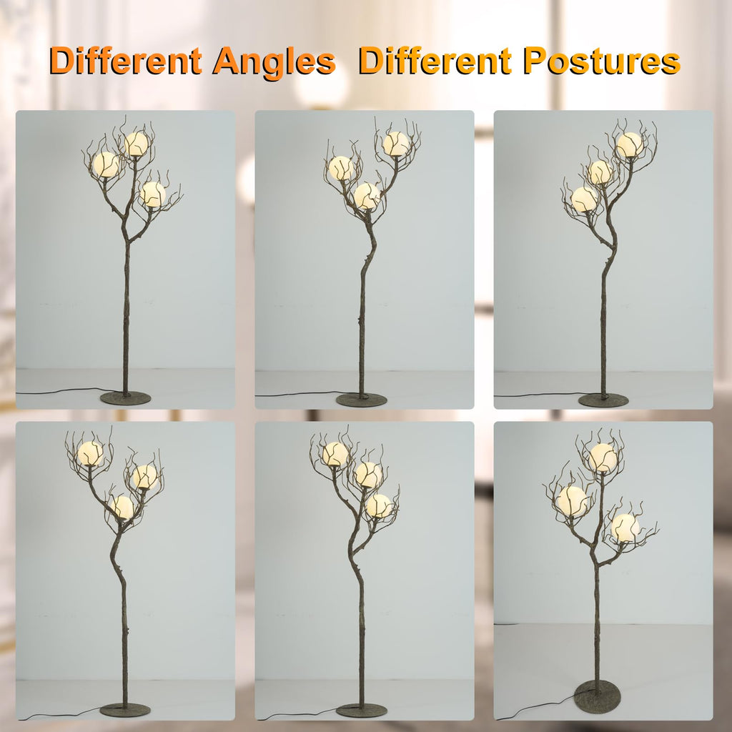 Tree Branch Floor Lamp, 3-Light Gothic Moon Branch Floor Lamp, Wood Grain Resin & Metal Base for Farmhouse, Bedroom