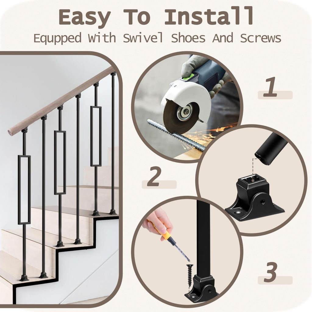 16 Pcs Wrought Iron Balusters for Staircase, 1/2" x 44" Rectangular Hollow Iron Spindles Deck Balusters with 32 Fixed