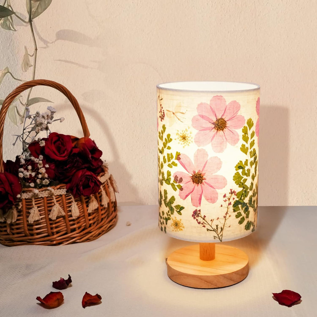Dried Flowers Small Table Lamp 5W LED Color Bedside Lamp Pressed Flowers Lampshade with Wood Base Living Room Desk