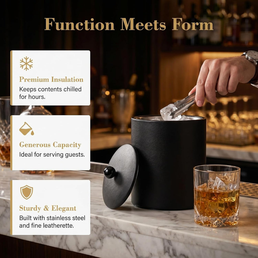 Ice Bucket with Lid & Tong - Insulated Stainless Steel Ice Bucket for Cocktail Bar & Parties - Black Double-Wall Wine