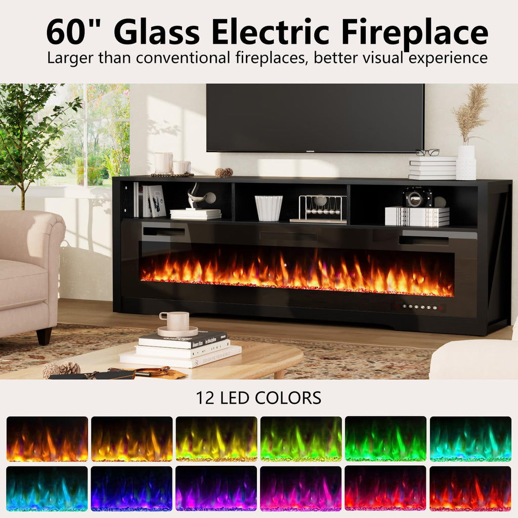 65" with 60" Electric Fireplace, Modern LED Entertainment Center for TVs Up to 75", Open Storage Media Console