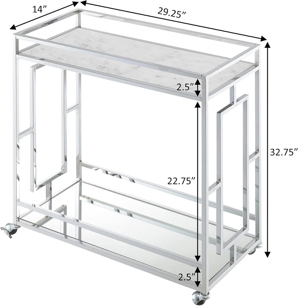 Town Square Chrome Faux Marble Mirrored Bar Cart 29.25" - Modern 360-Degree Swivel Serving Cart with Storage Shelf