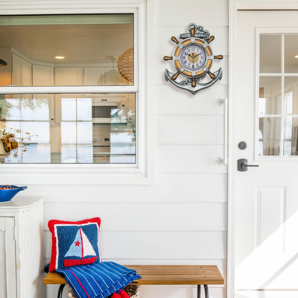 Anchor Clock- Nautical Ship Wheel Rudder Outdoor Wall Clock - Beach Sea Style Decorative Clock (Retro Silver+Bronze)