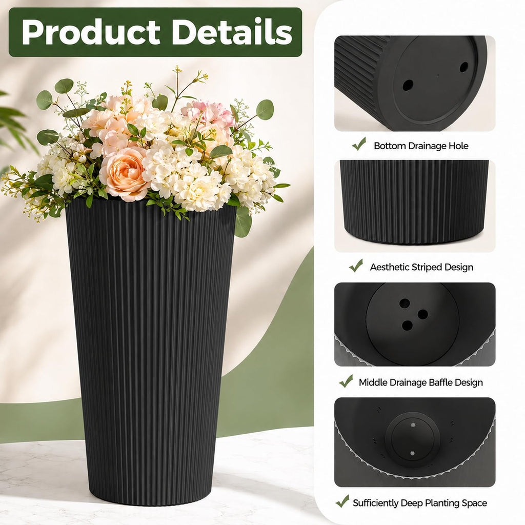 24" Tall Round Planters for Outdoor Plants - Black Fluted Finishes