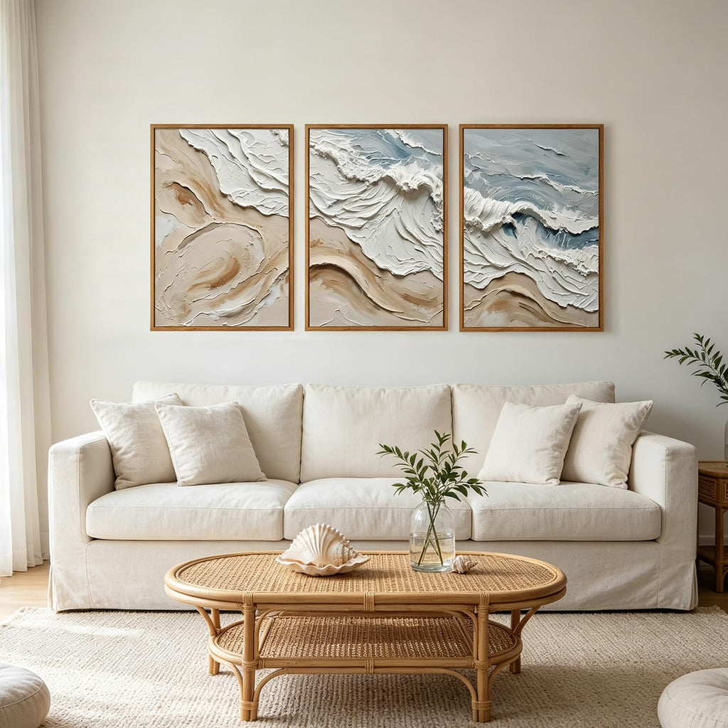 3D Textured Abstract Sea Wave Wall Art, Neutral Beige Coastal Decor