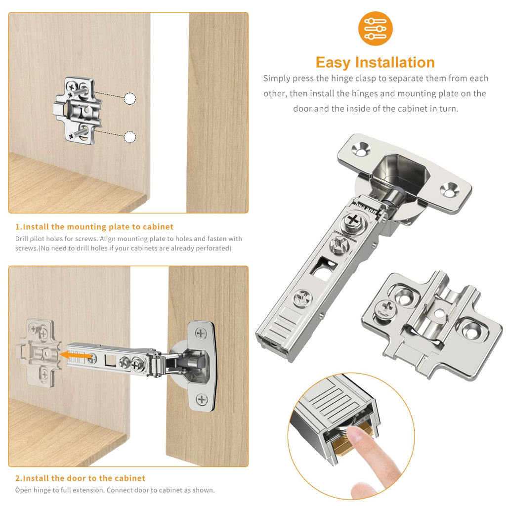 10 Pack Frameless Full Overlay Soft Close Concealed European Hinges, Self Closing Satin Nickel, 105 ° Open Angle 4D
