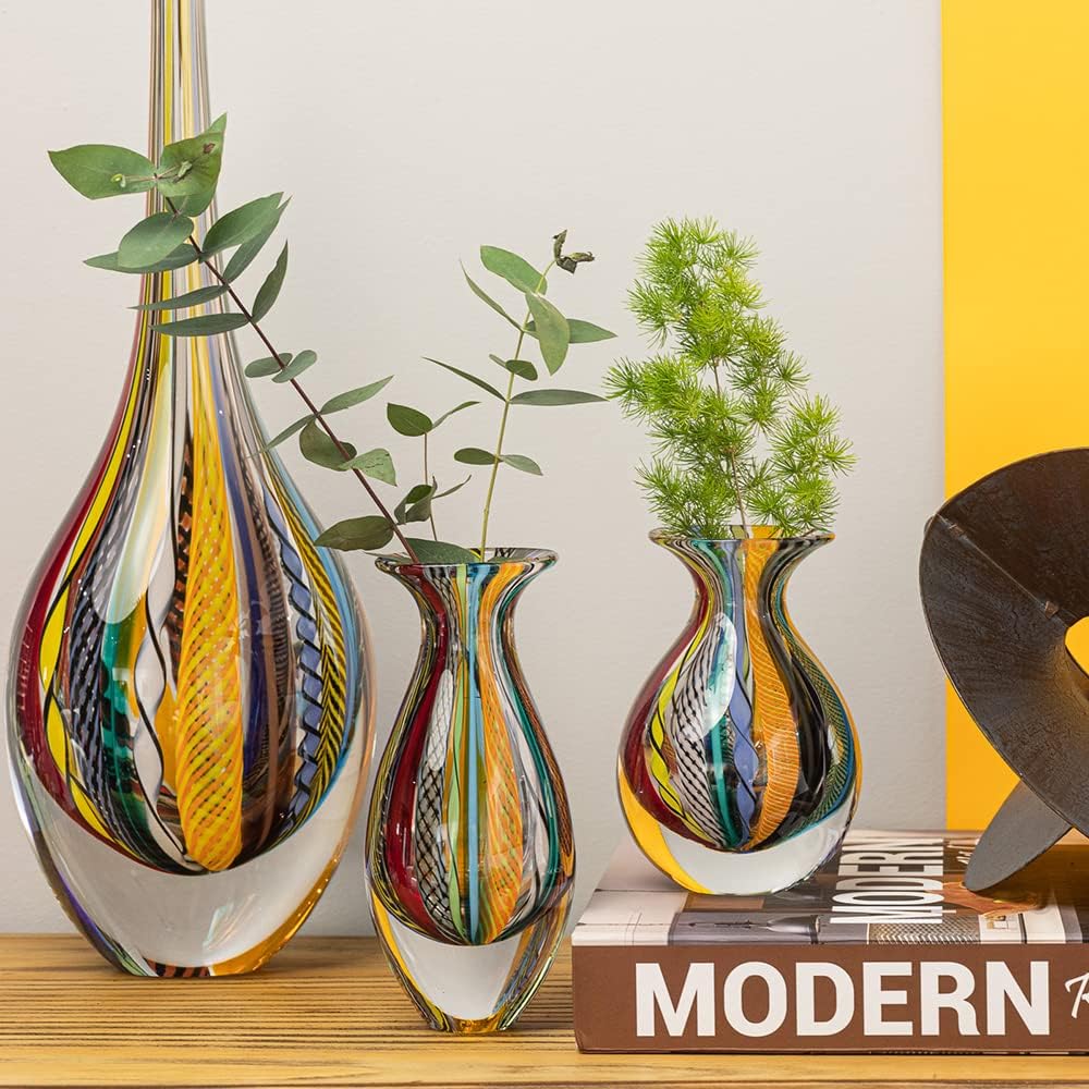 Murano Style Glass Vase Hand Blown Colored Canes Boho Effect Home Decor | Hand Blown Glass Vase, Decorative Table