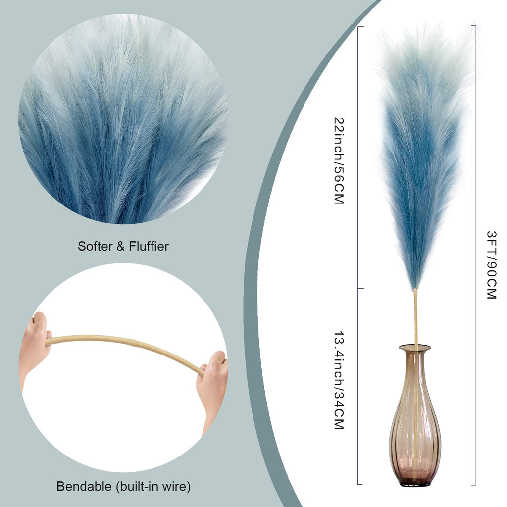 8Pcs 3FT Blue Colorful Faux Pampas Grass, Artificial Bulrush