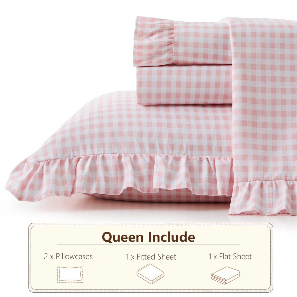 Gingham Ruffle Queen Sheet Set, Light Pink Microfiber Plaid Bed Sheets