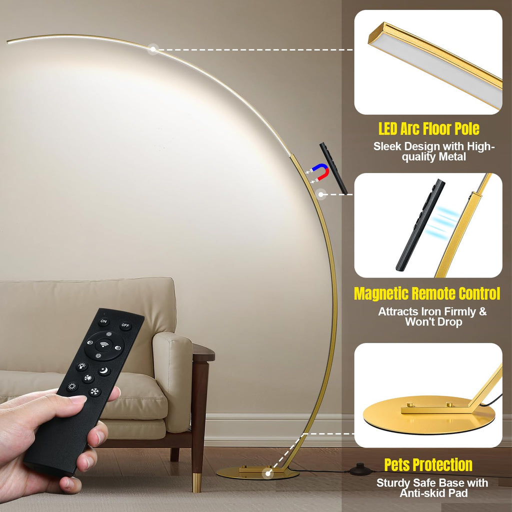 Dimmable LED Floor Lamp with 3 Color Temperatures, Ultra Bright Gold Arc Floor Lamp, Modern Standing Tall Lamp