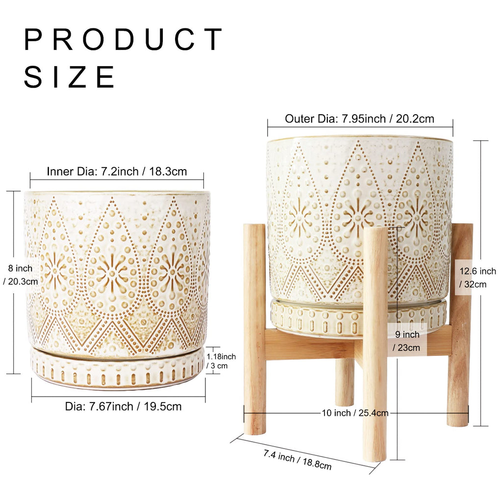 8 Inch Plant Pot with Stand, Ceramic Planter with Drainage Holes, Saucers and Mesh Pads for Indoor-Outdoor Plants
