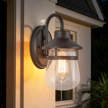 Dusk to Dawn Outdoor Wall Lantern, Textured Black Farmhouse & Coastal Porch Light, Clear Seeded Glass Photocell