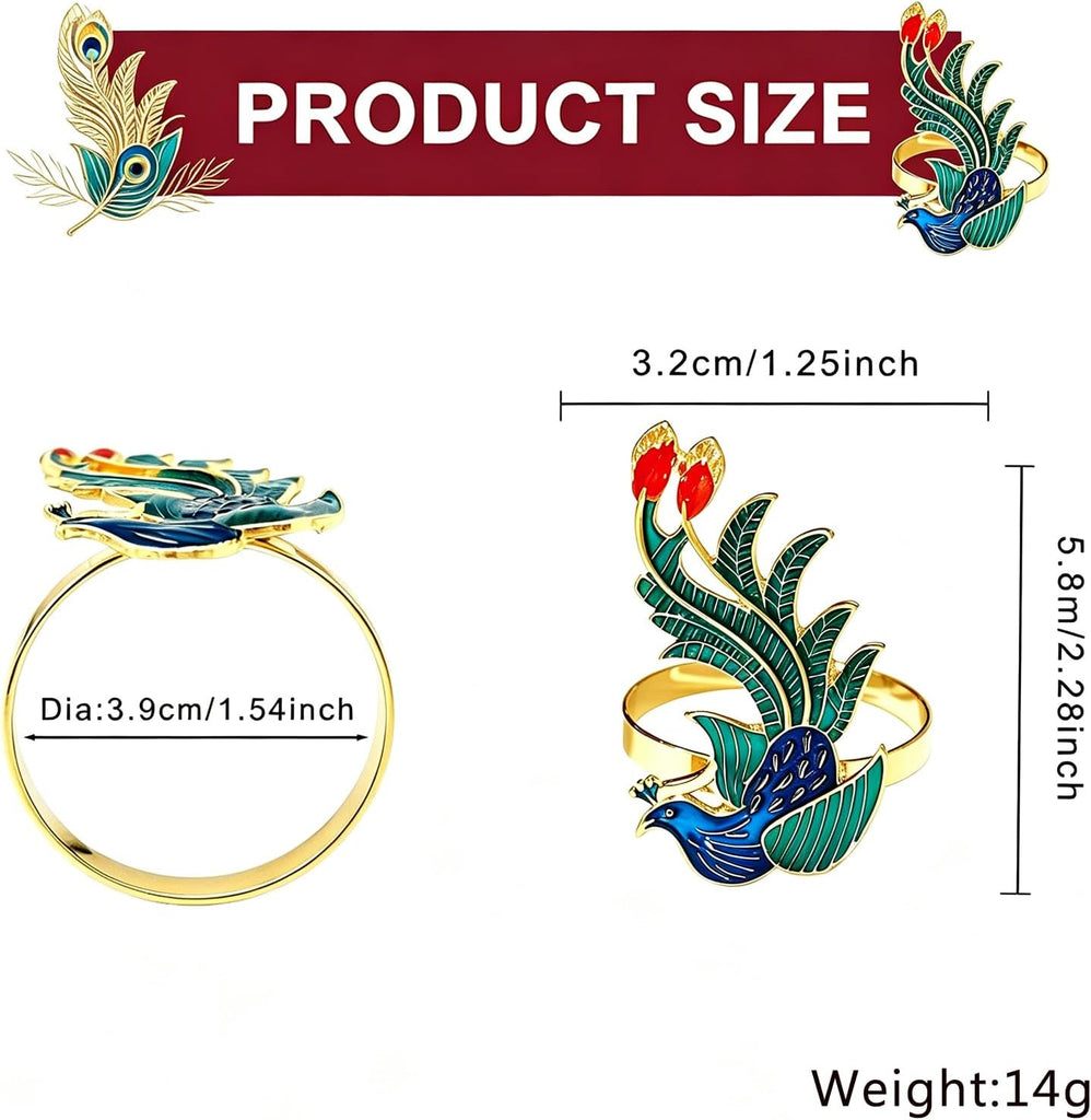Peacock Napkin Rings Colorful Bird Napkin Holders for Fall Gatherings Christmas New Year Party Decor,Noble - Set of 6