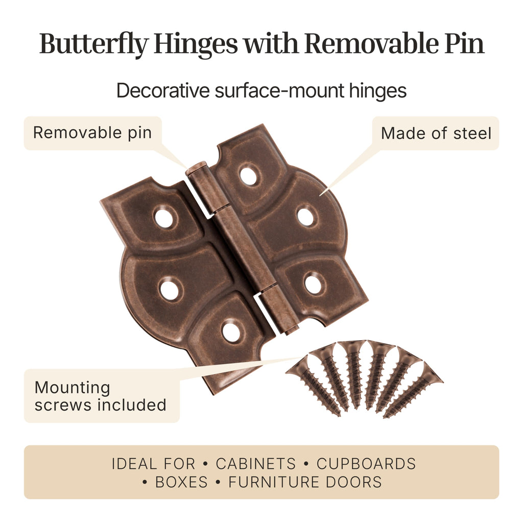 Antique Copper Butterfly Hinges with Removable Pin - Pack of 16 - Surface Mount Cabinet Door Hinges - (8)