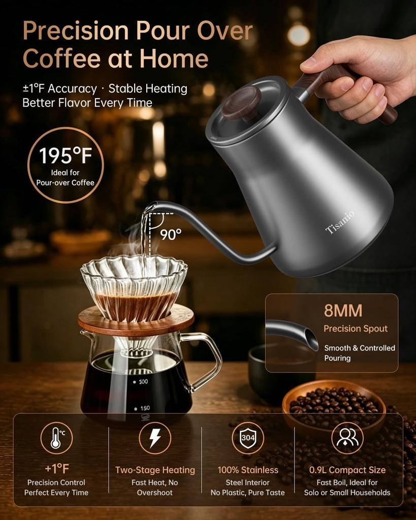 Gooseneck Electric Kettle with Temperature Control, 0.9L, Gray Wood | ±1°F Precision Pour Over Kettle, LCD Dual