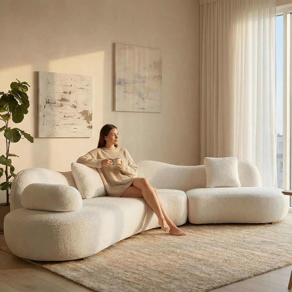 128 Inch White Oversized Curved Boucle Modular Sectional Sofa, 5-Seater