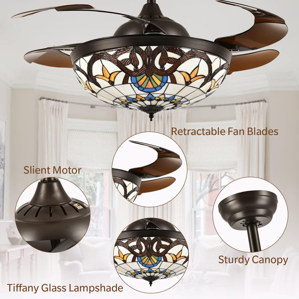 42" Tiffany Ceiling Fans with Lights Stained Glass Ceiling Fan Retractable Chandelier Fan with Remote Control